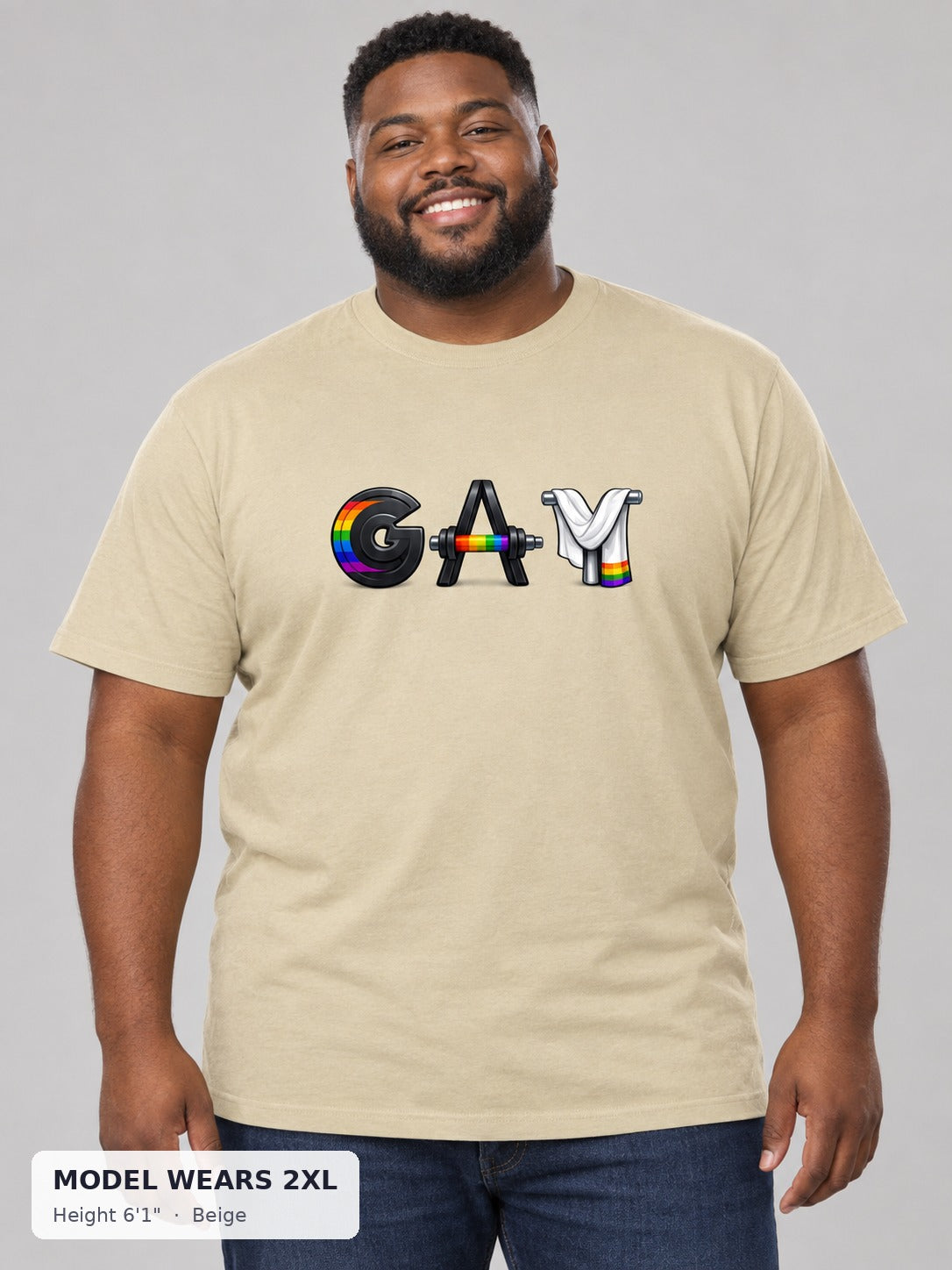 GAY Barbell Pride Tee in Beige on a plus-size model wearing size 2XL, 6'1" - Good Trouble Fashion