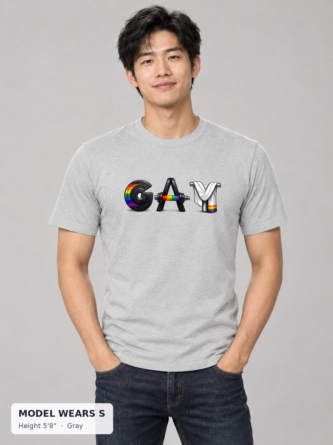 GAY Barbell Pride Tee in Gray on a slim model wearing size S, 5'8" - Good Trouble Fashion