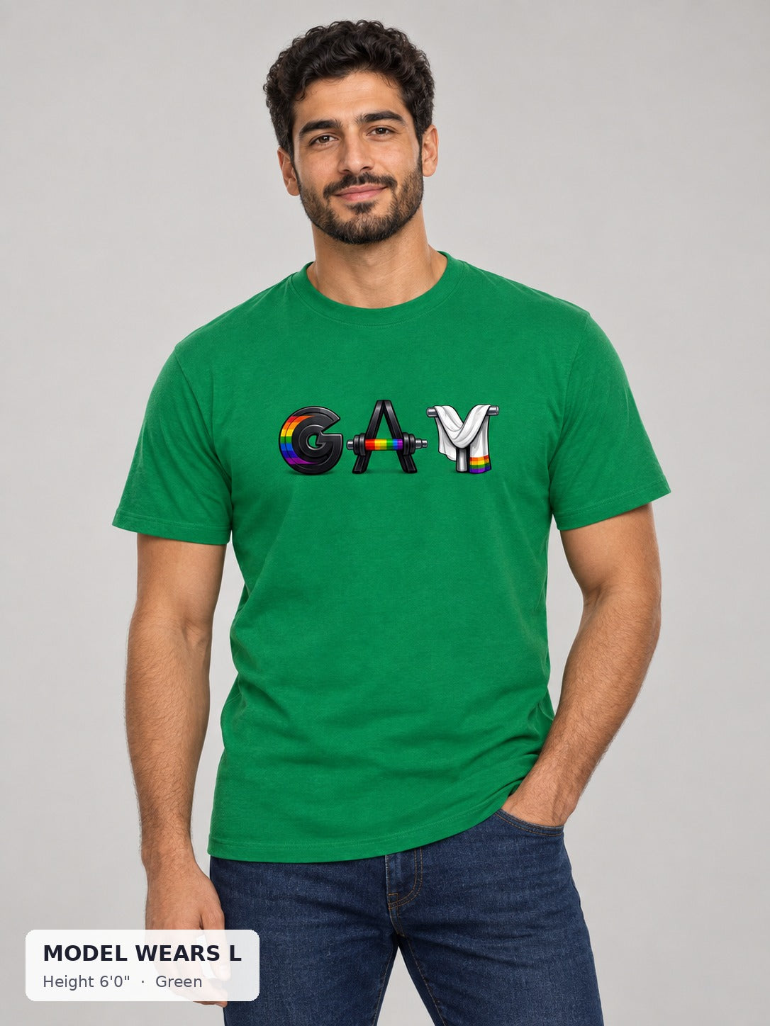 GAY Barbell Pride Tee in Green on an athletic model wearing size L, 6'0" - Good Trouble Fashion