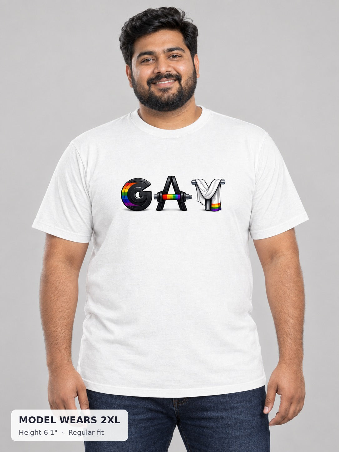 GAY Barbell Pride Tee on a plus-size model wearing size 2XL, 6'1" - Good Trouble Fashion