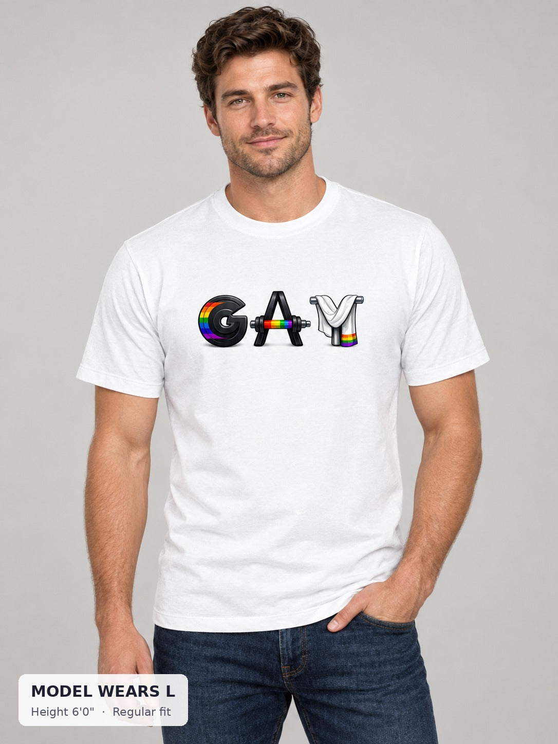 GAY Barbell Pride Tee on an athletic model wearing size L, 6'0" - Good Trouble Fashion
