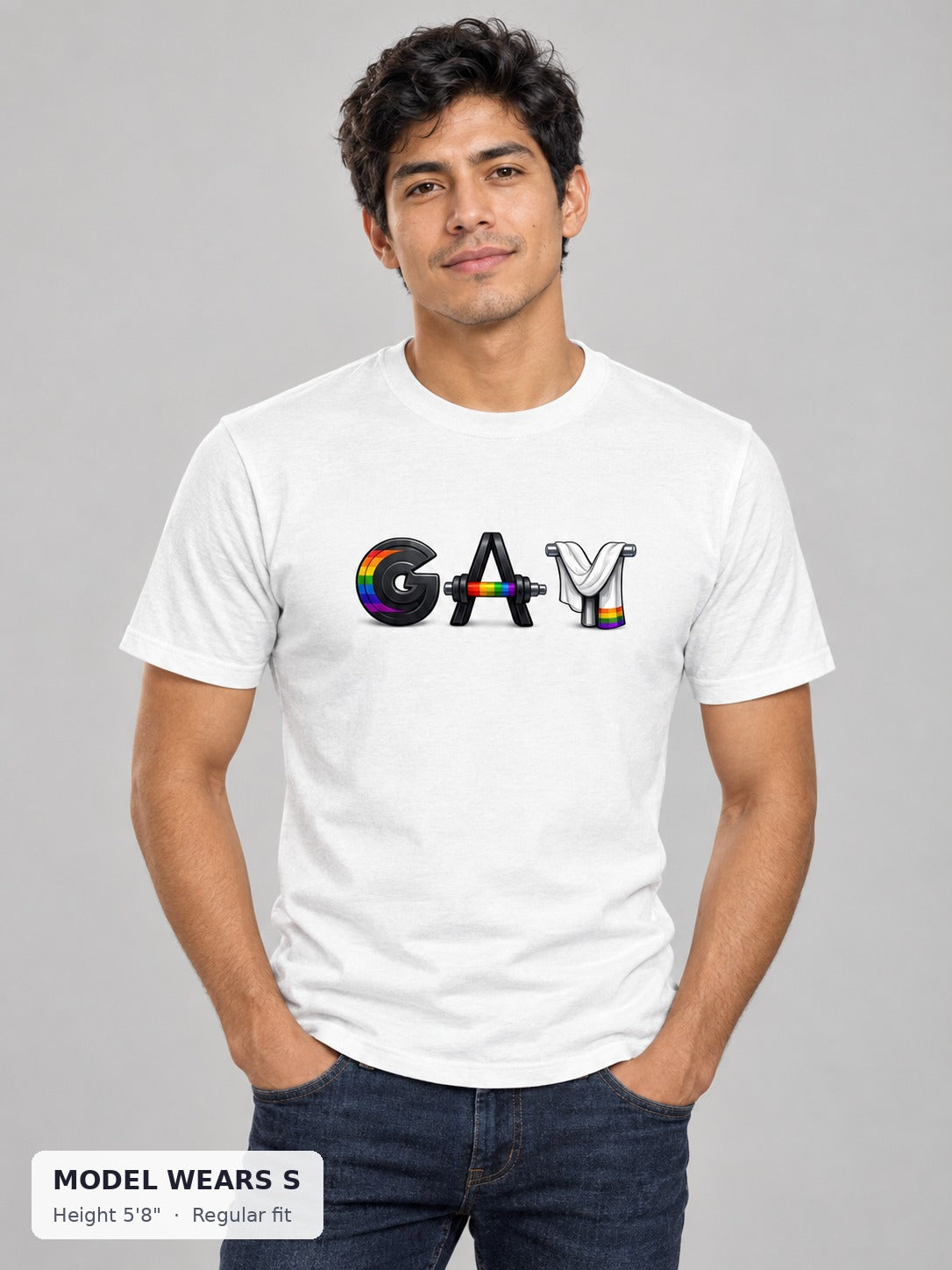 GAY Barbell Pride Tee on a slim model wearing size S, 5'8" - Good Trouble Fashion