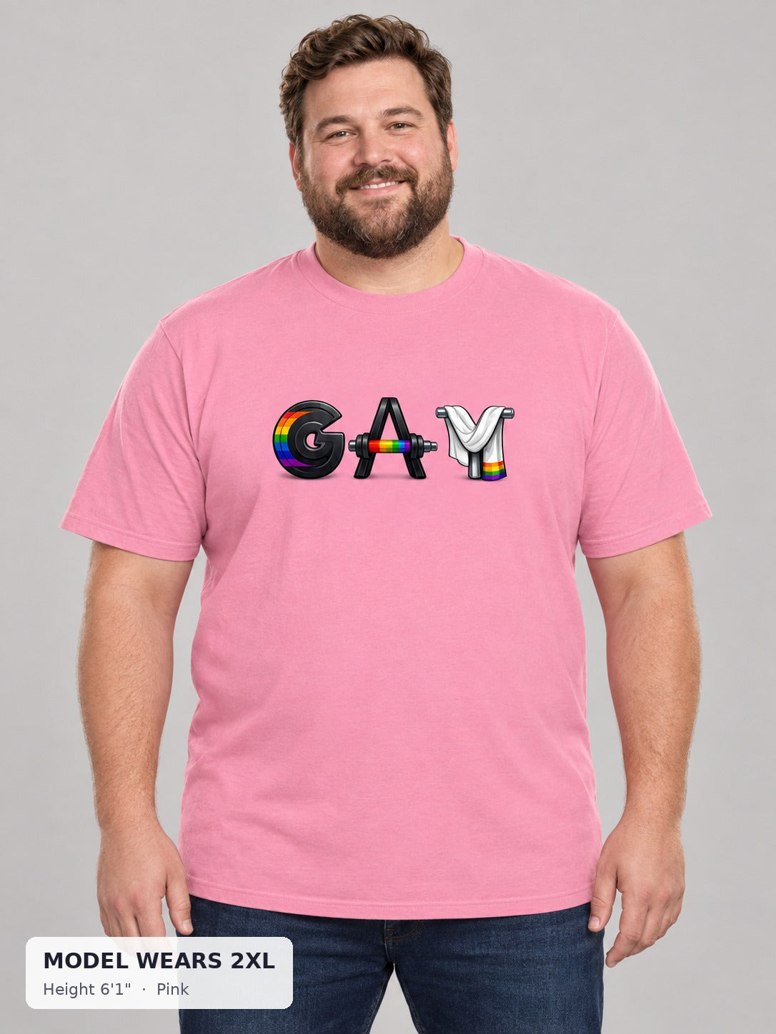 GAY Barbell Pride Tee in Pink on a plus-size model wearing size 2XL, 6'1" - Good Trouble Fashion