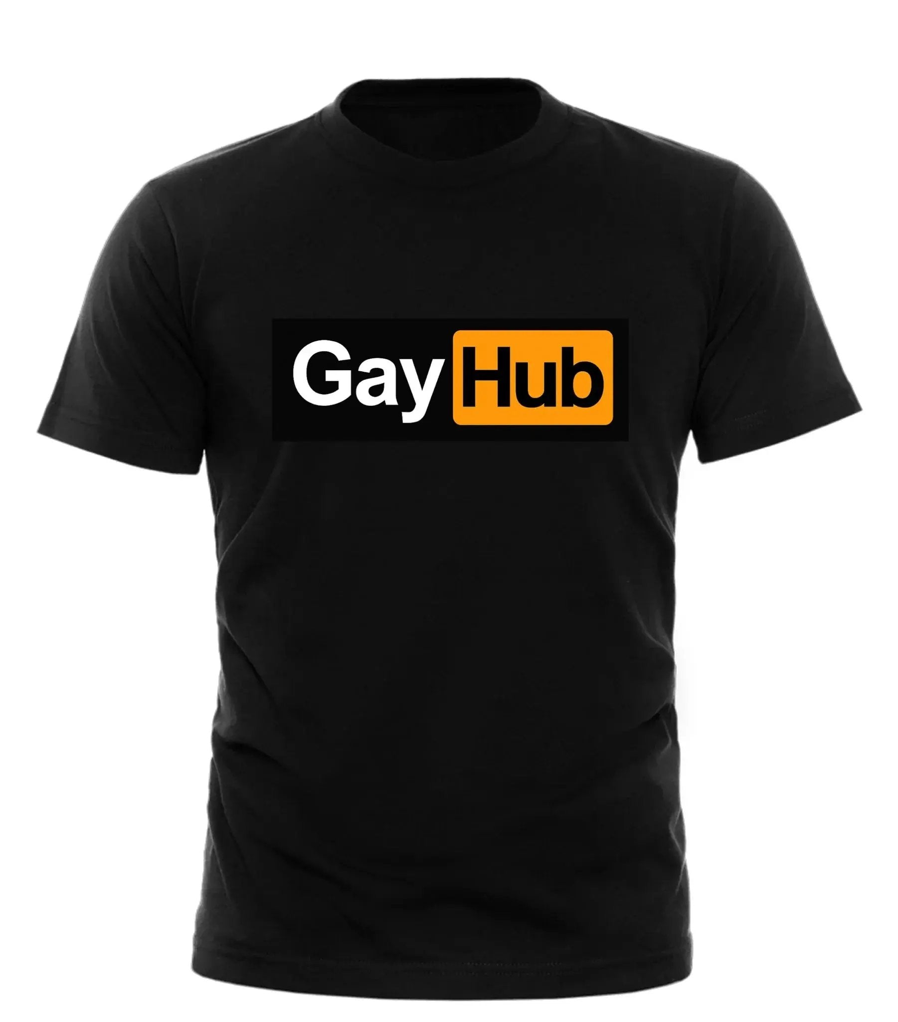 Black Good Trouble Garments Gay Hub parody shirt with bold white and orange logo print on front