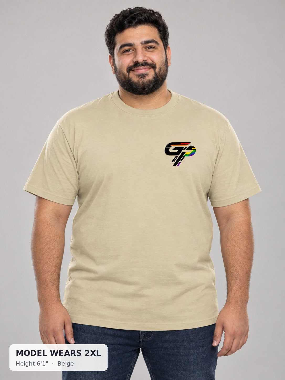 Gay Power GP Chest Logo Tee in Beige on a plus-size model wearing size 2XL, 6'1" - Good Trouble Fashion