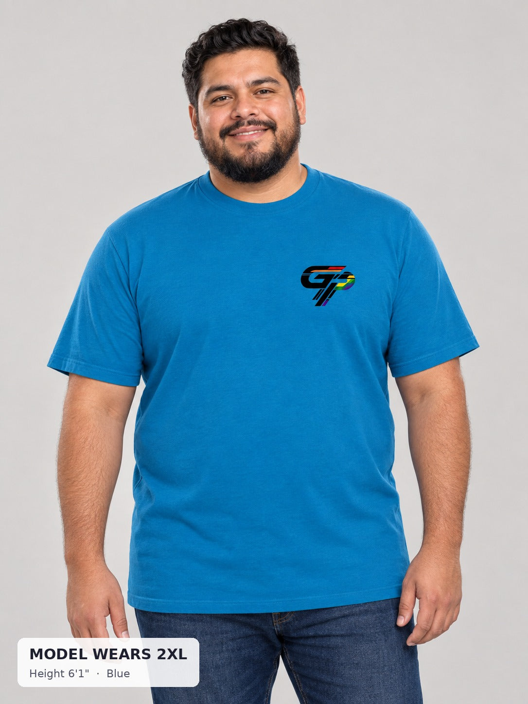 Gay Power GP Chest Logo Tee in Blue on a plus-size model wearing size 2XL, 6'1" - Good Trouble Fashion