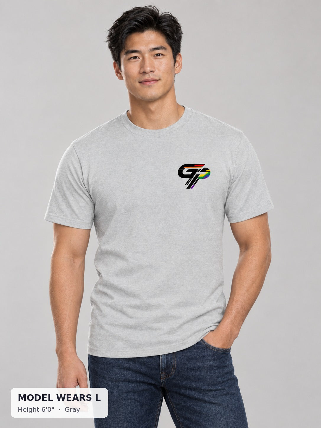 Gay Power GP Chest Logo Tee in Gray on an athletic model wearing size L, 6'0" - Good Trouble Fashion