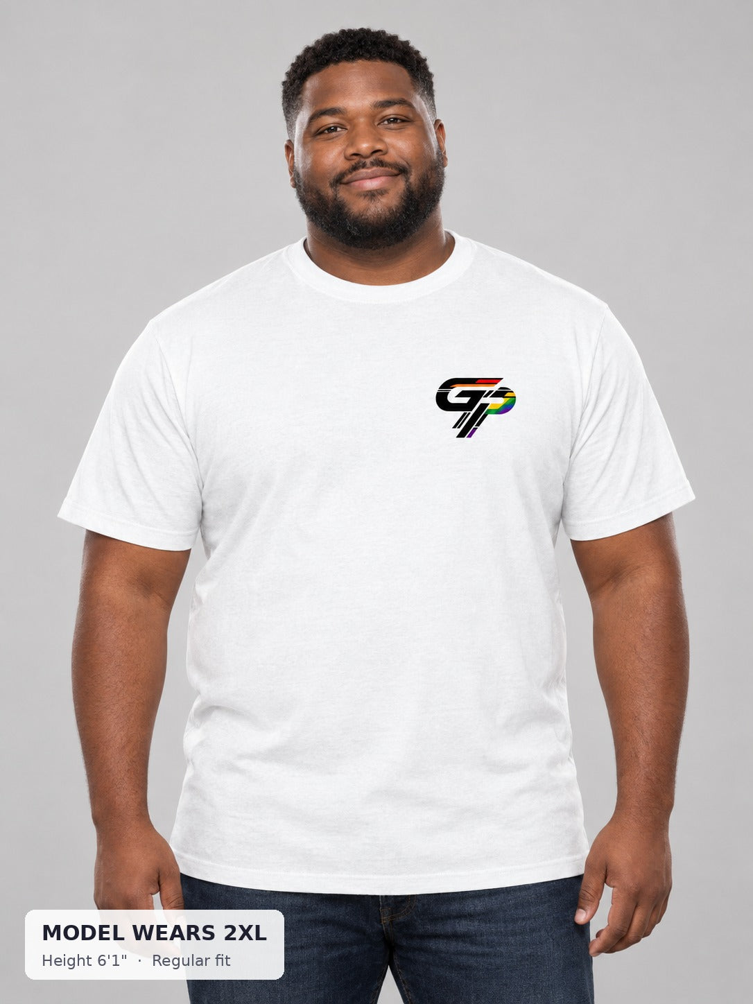Gay Power GP Chest Logo Tee on a plus-size model wearing size 2XL, 6'1" - Good Trouble Fashion