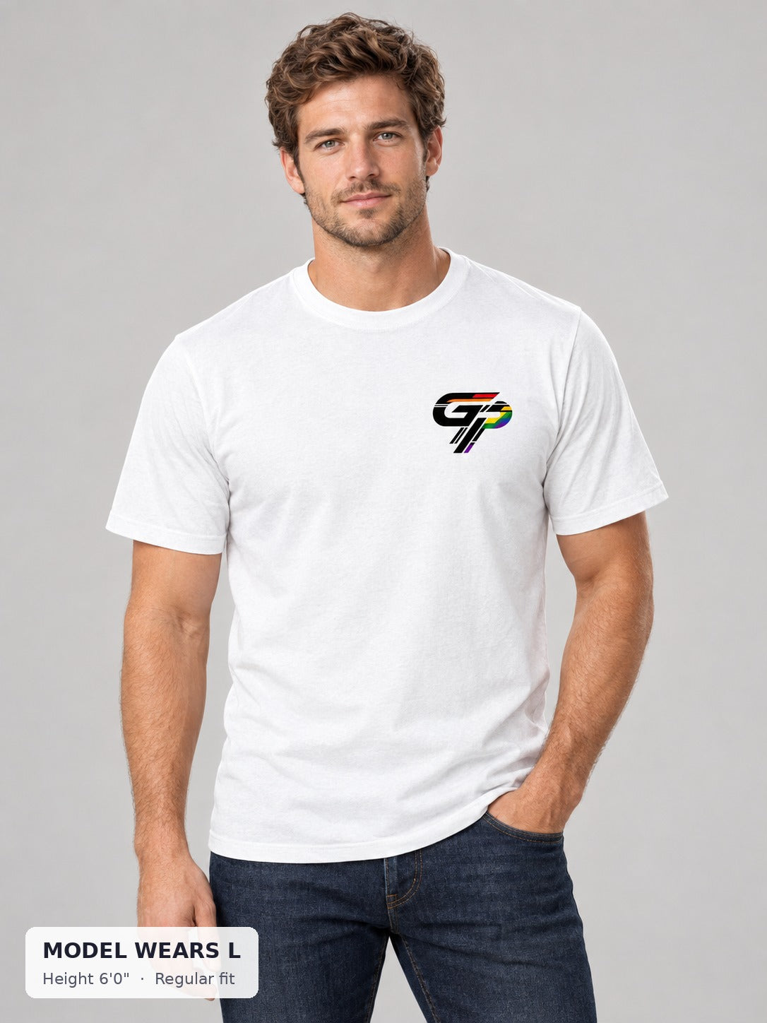 Gay Power GP Chest Logo Tee on an athletic model wearing size L, 6'0" - Good Trouble Fashion