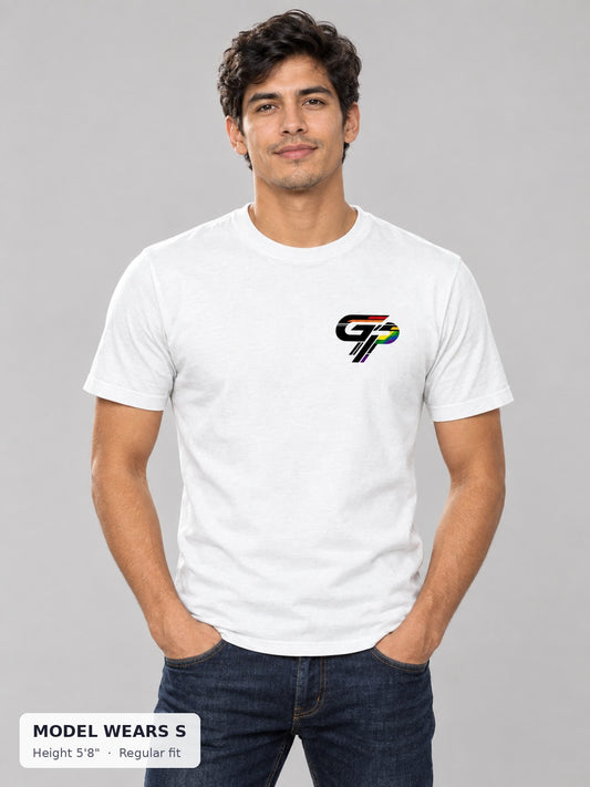Gay Power GP Chest Logo Tee on a slim model wearing size S, 5'8" - Good Trouble Fashion