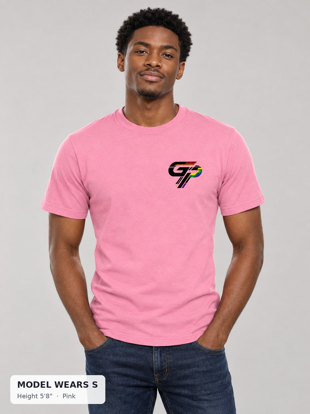 Gay Power GP Chest Logo Tee in Pink on a slim model wearing size S, 5'8" - Good Trouble Fashion