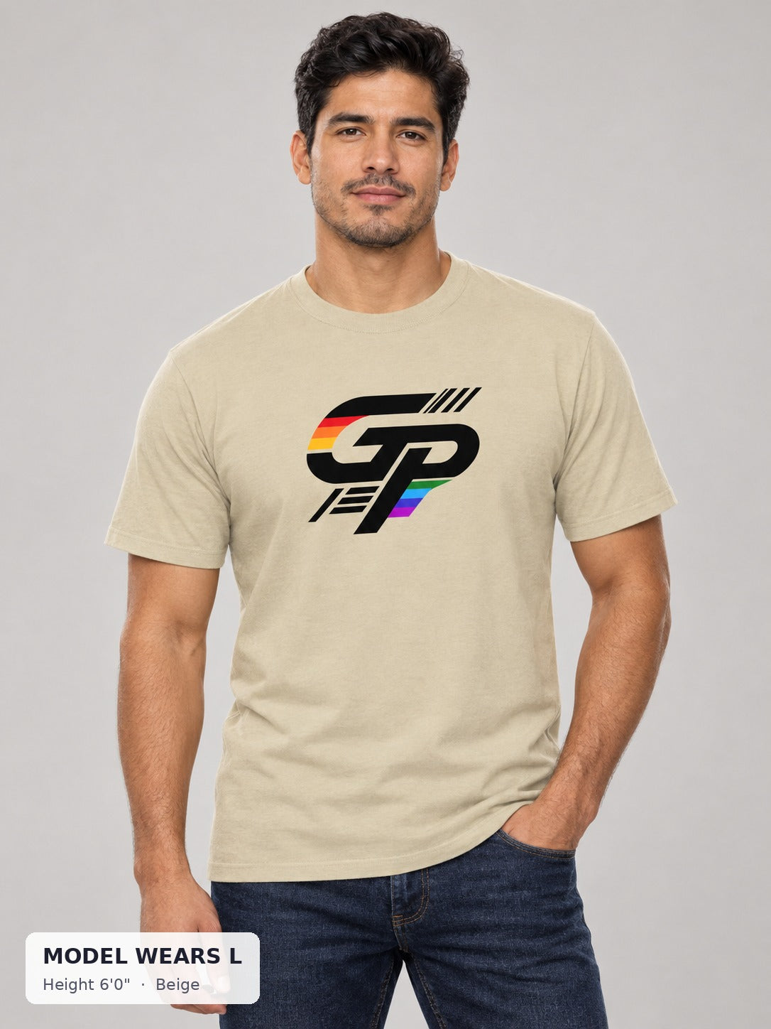Gay Power GP Big Logo Tee in Beige on an athletic model wearing size L, 6'0" - Good Trouble Fashion
