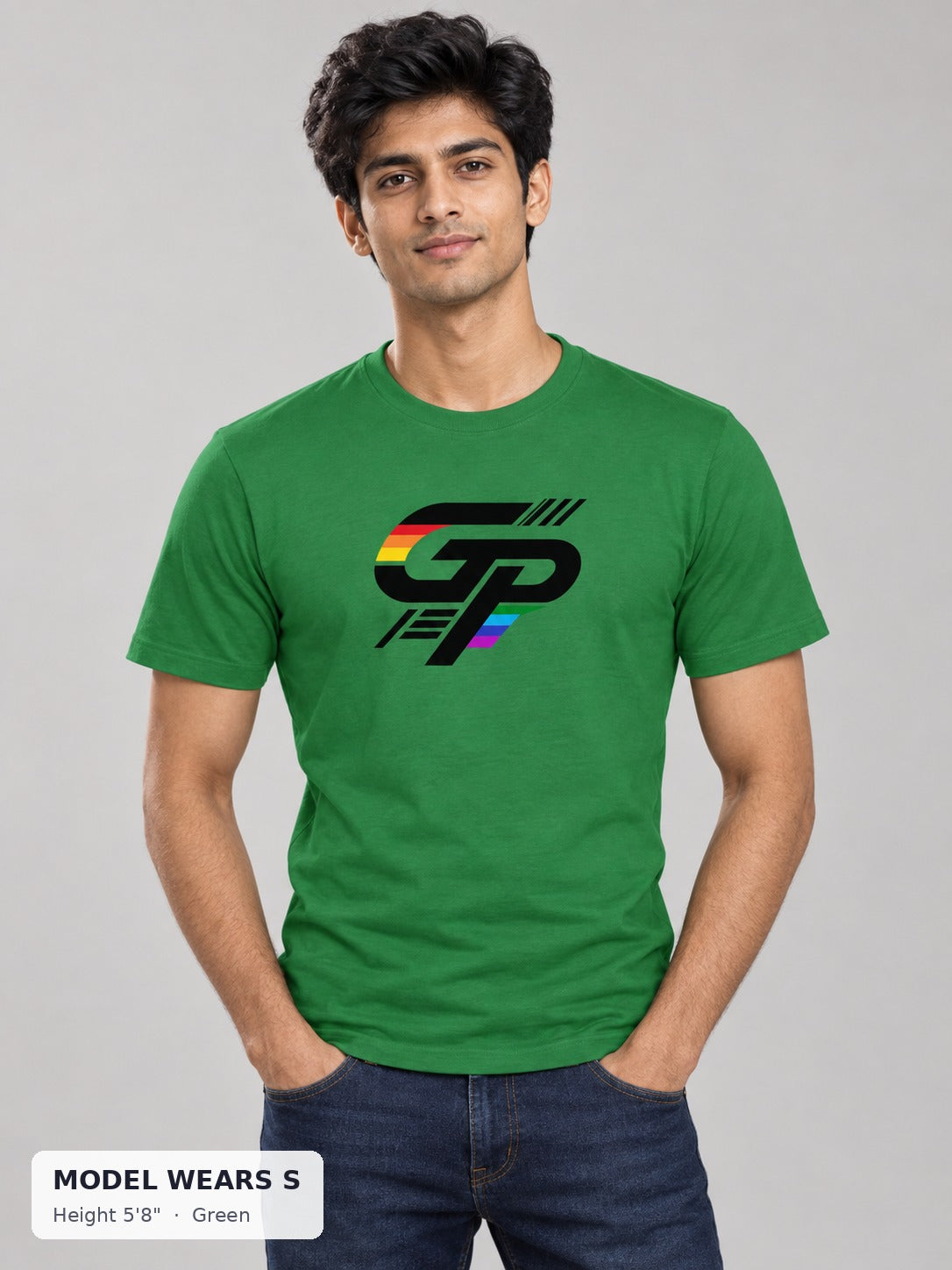 Gay Power GP Big Logo Tee in Green on a slim model wearing size S, 5'8" - Good Trouble Fashion