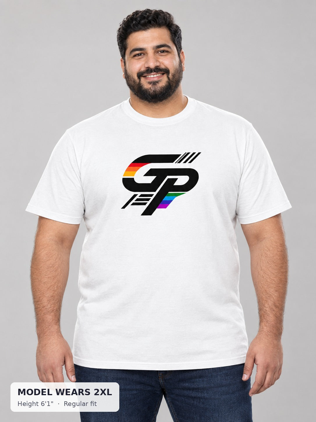 Gay Power GP Big Logo Tee on a plus-size model wearing size 2XL, 6'1" - Good Trouble Fashion