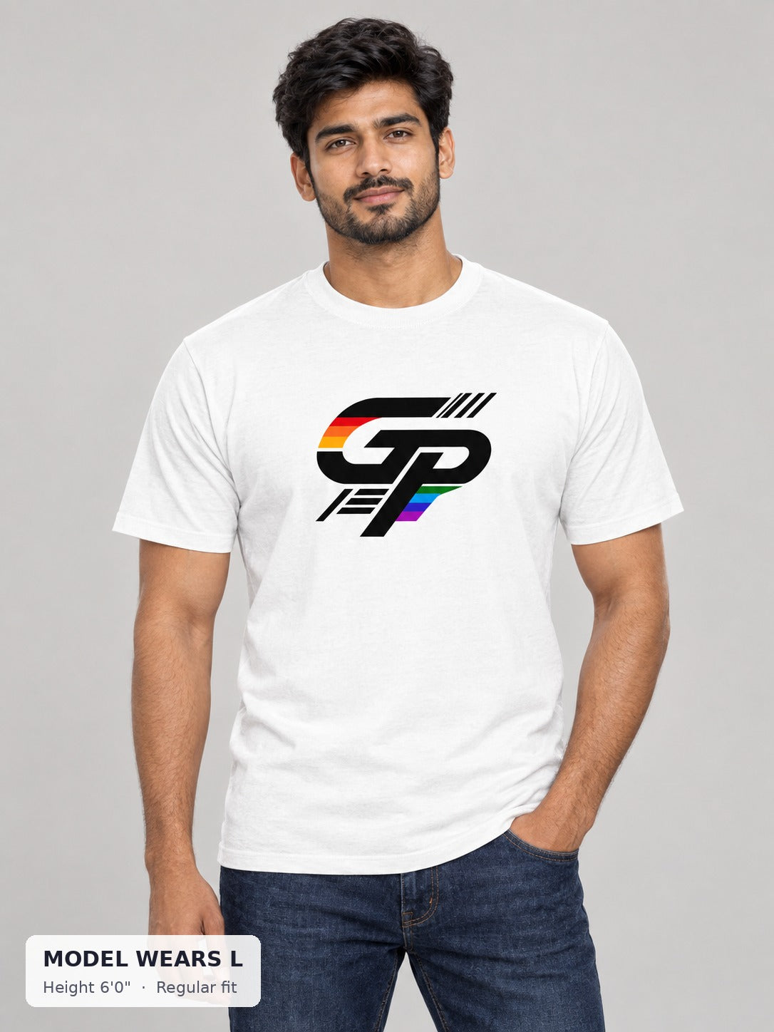 Gay Power GP Big Logo Tee on an athletic model wearing size L, 6'0" - Good Trouble Fashion