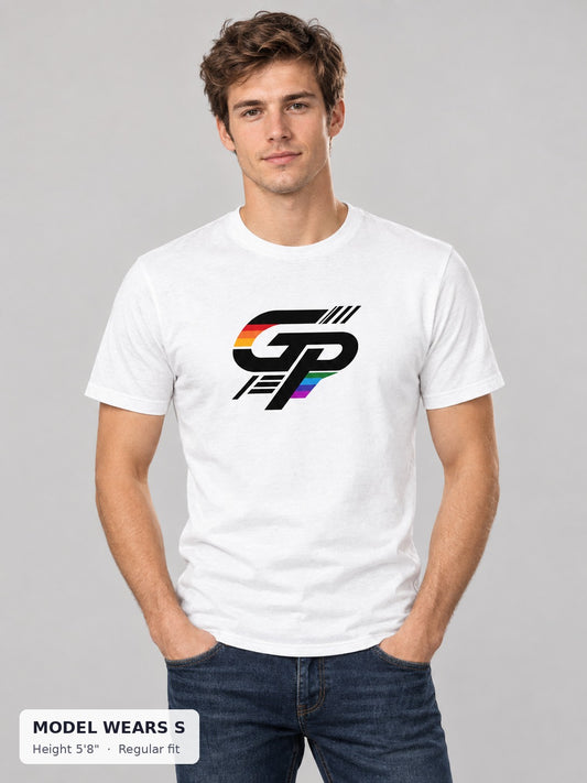 Gay Power GP Big Logo Tee on a slim model wearing size S, 5'8" - Good Trouble Fashion