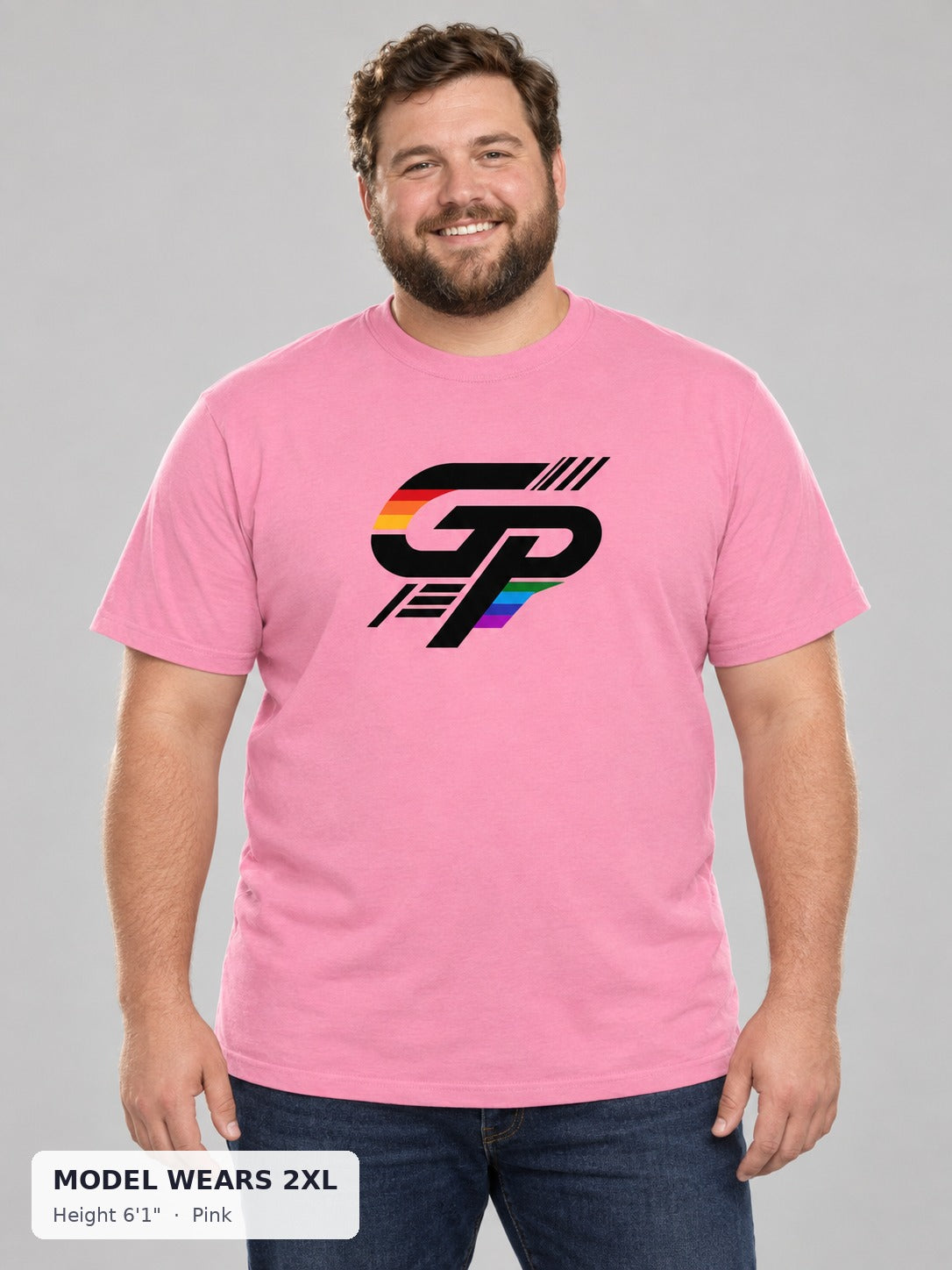 Gay Power GP Big Logo Tee in Pink on a plus-size model wearing size 2XL, 6'1" - Good Trouble Fashion