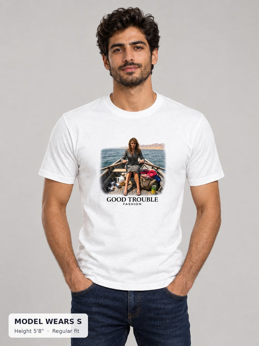 Get Out Milania Tee on a slim model wearing size S, 5'8" - Good Trouble Fashion