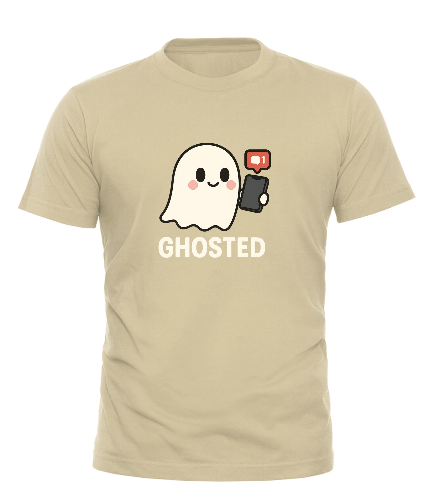 Good Trouble Garments ghosted halloween t-shirt with cute ghost holding a phone and notification icon