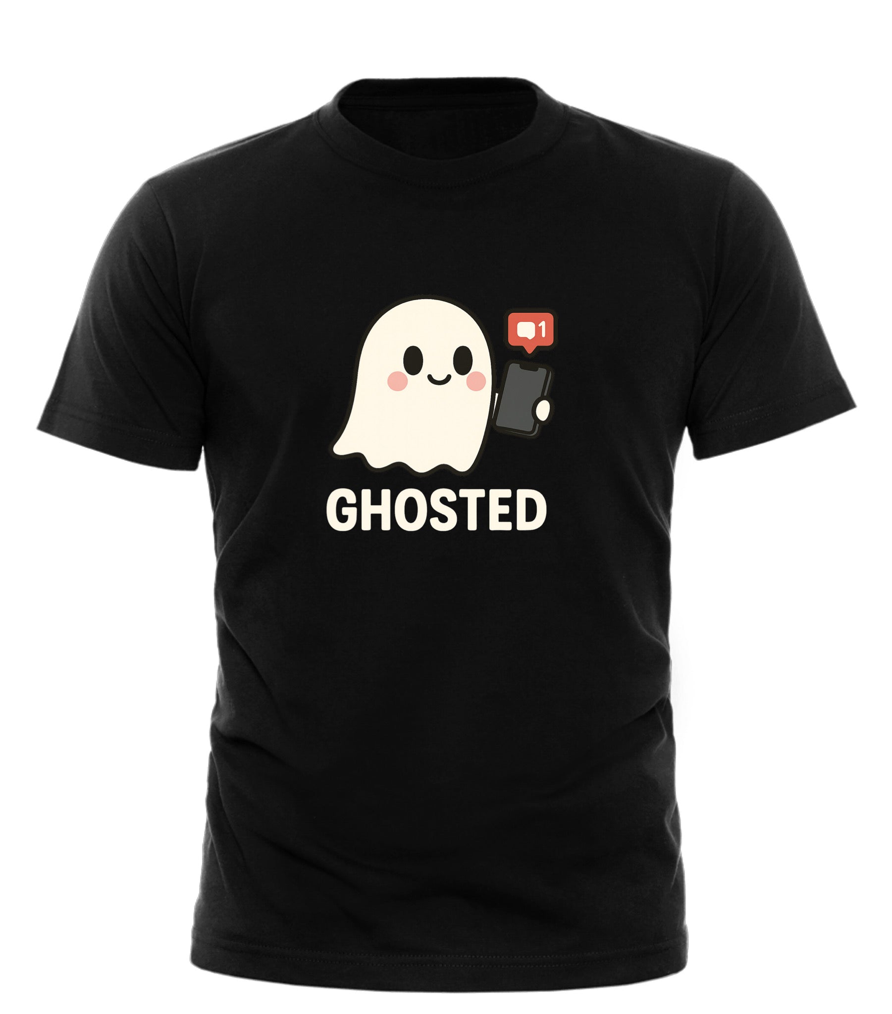 Black ghosted halloween t-shirt with cute ghost holding phone and notification icon