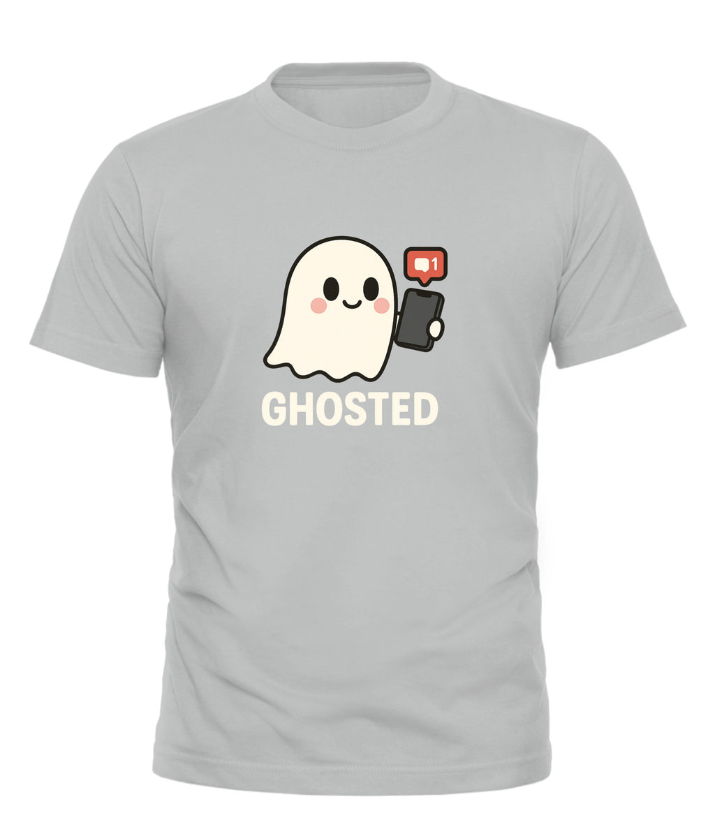 Good Trouble Garments ghosted halloween t-shirt with cute ghost holding phone and message icon