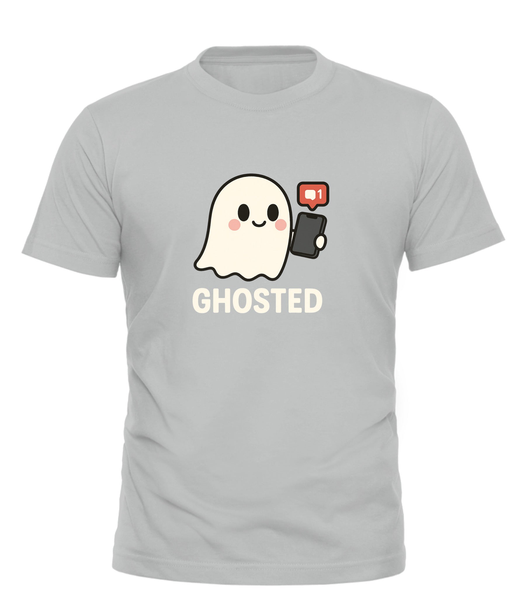 Good Trouble Garments ghosted halloween t-shirt with cute ghost holding phone and message icon