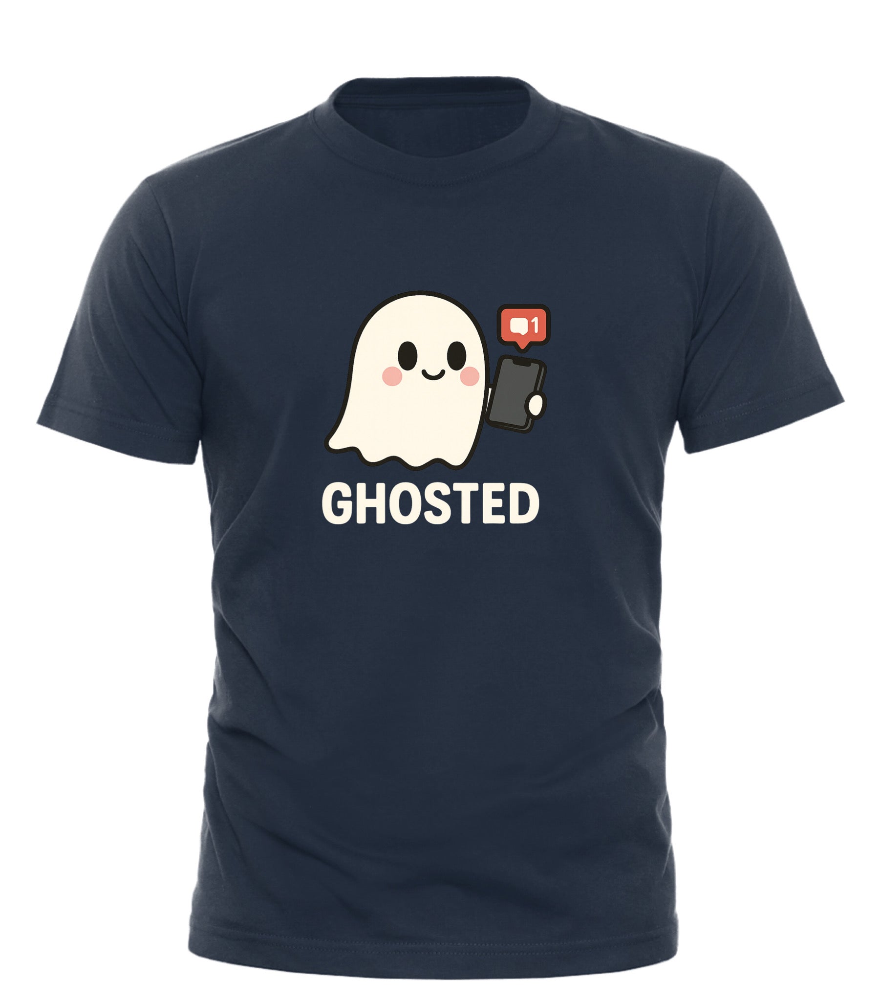 Good Trouble Garments ghosted halloween t-shirt with cute ghost holding phone and notification icon