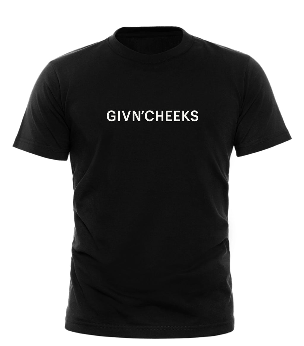 Black GIVN'CHEEKS FASHION TEE with bold white lettering for stylish casual wear