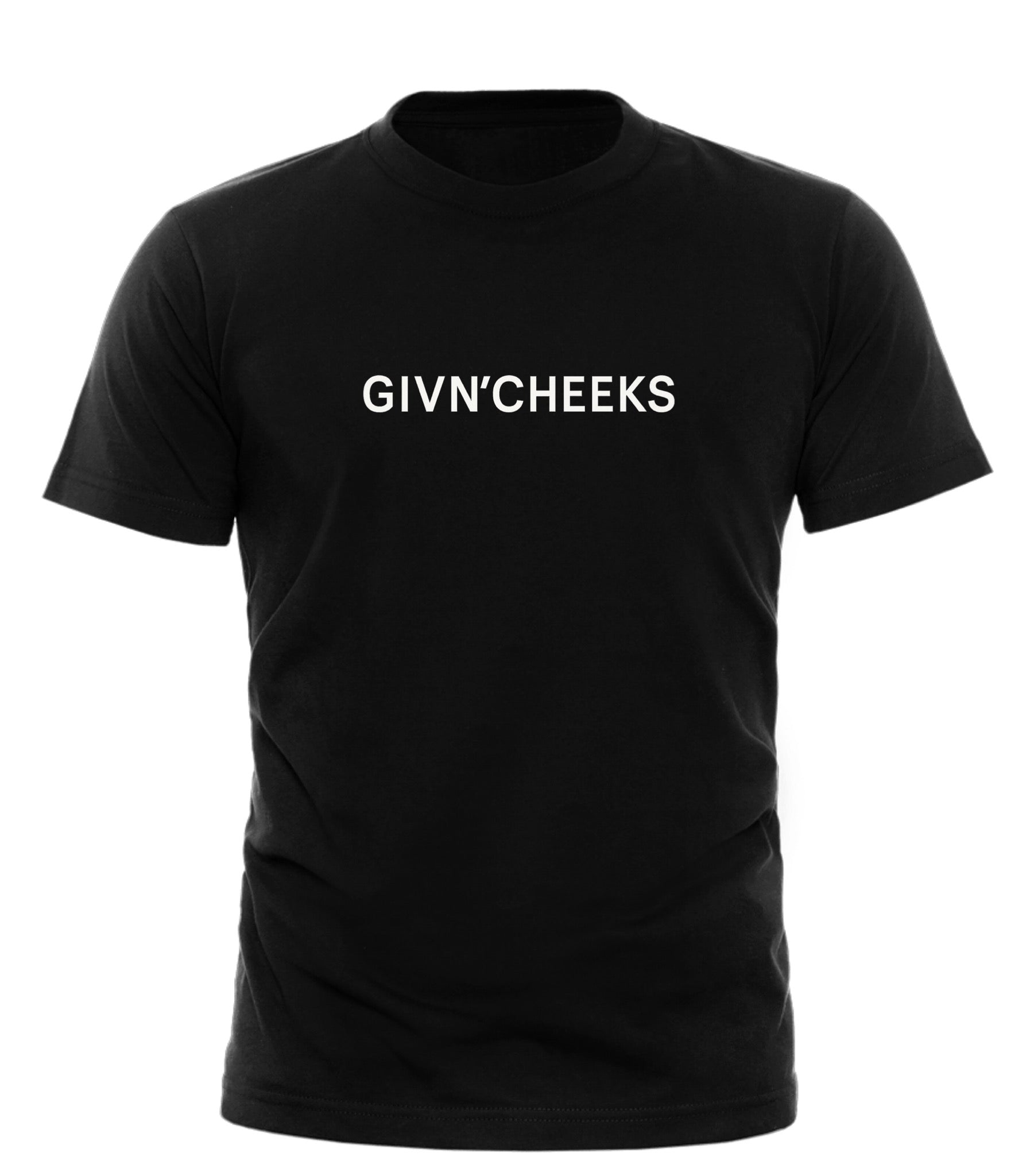 Black GIVN'CHEEKS FASHION TEE with bold white lettering for stylish casual wear