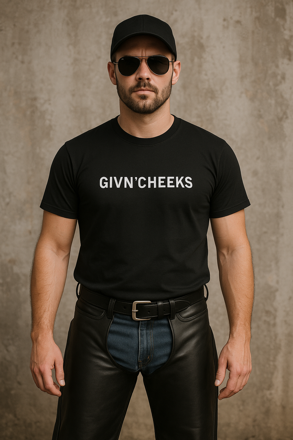 Man wearing GIVN'CHEEKS FASHION TEE in black with stylish sunglasses and leather pants