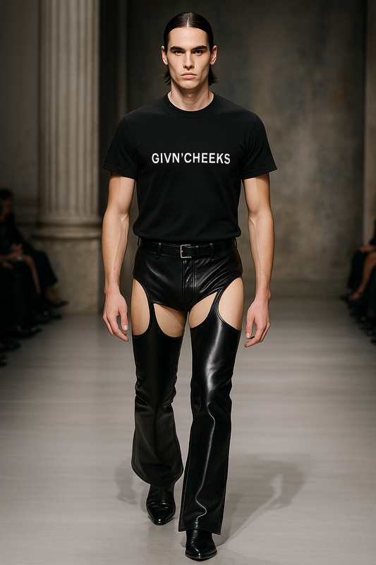 Model wearing GIVN'CHEEKS FASHION TEE paired with stylish cut-out black pants on the runway