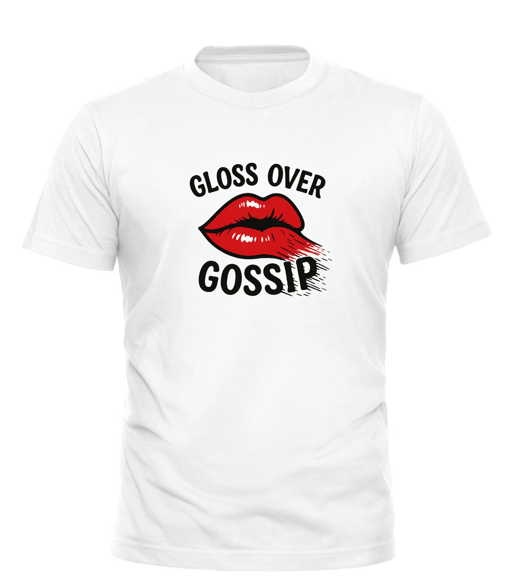 White Good Trouble Garments gloss over gossip tee with red lips graphic and black text print