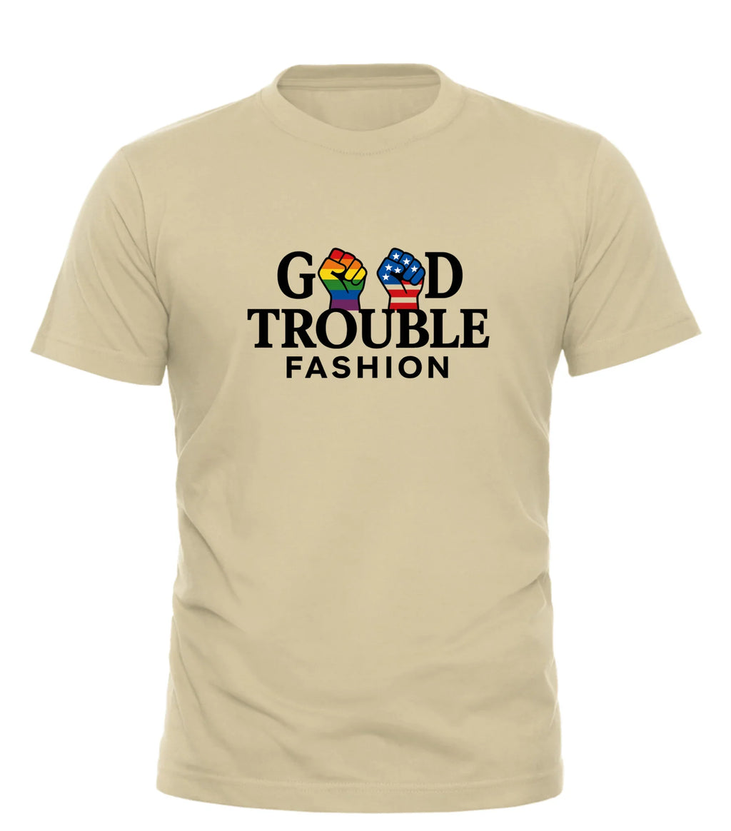 Good Trouble Garments beige T-shirt with Good Fight Signature Shirt logo and colorful raised fists design