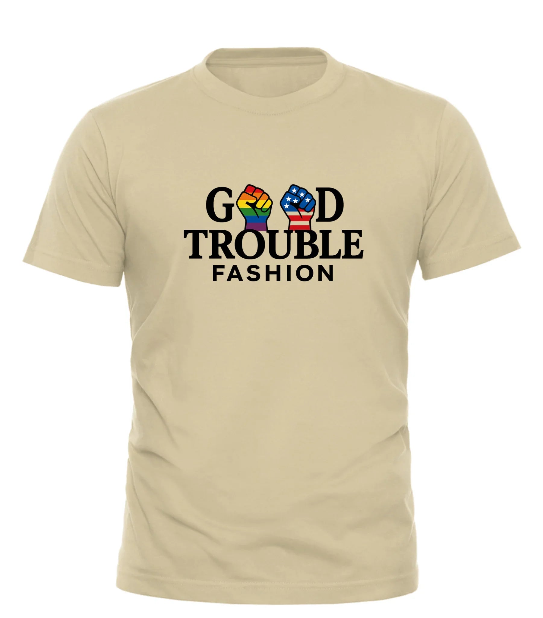 Good Trouble Garments beige T-shirt with Good Fight Signature Shirt logo and colorful raised fists design