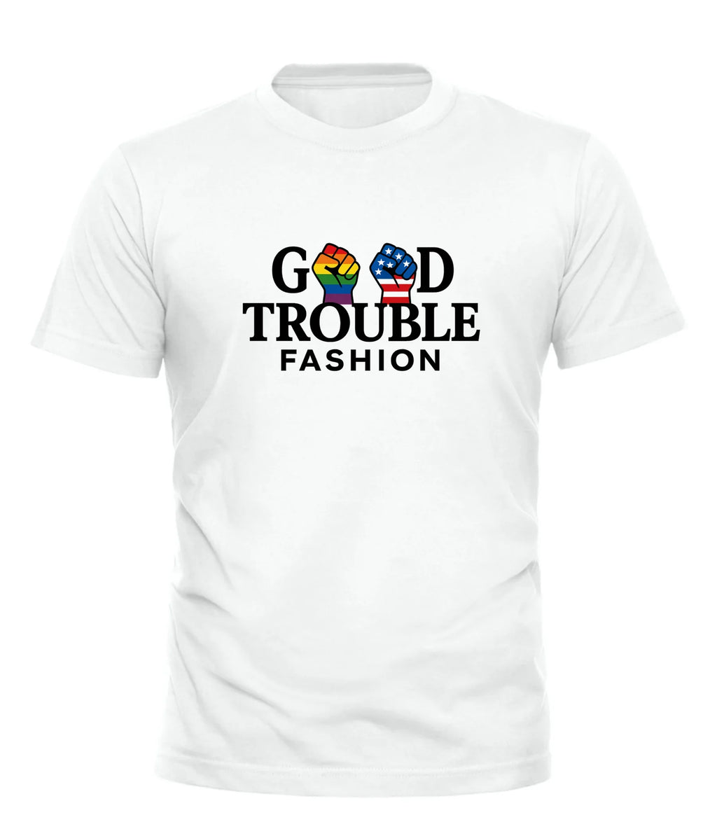 White Good Fight Signature Shirt by Good Trouble Fashion featuring colorful raised fist graphic