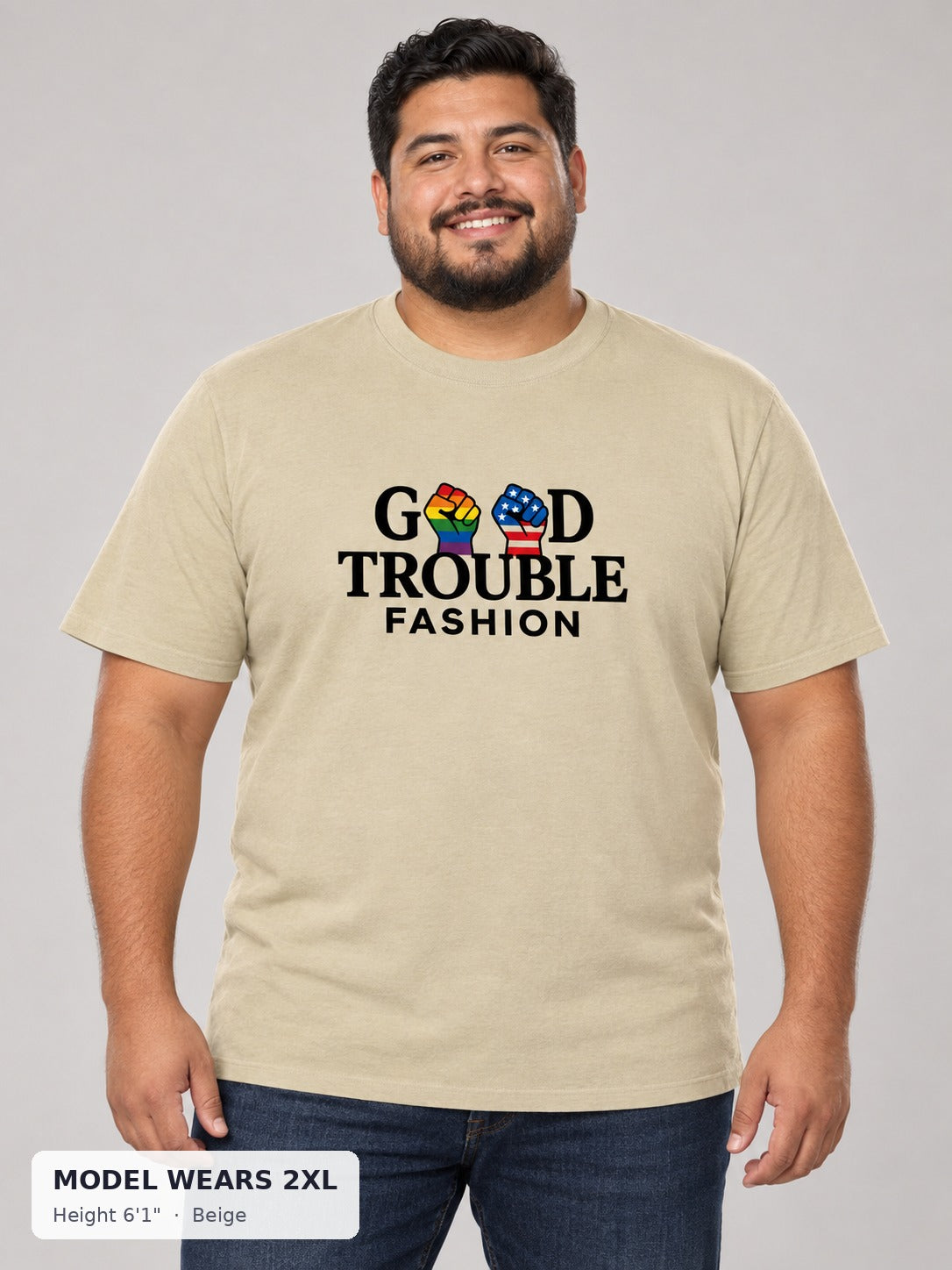 Good Fight Signature Tee in Beige on a plus-size model wearing size 2XL, 6'1" - Good Trouble Fashion