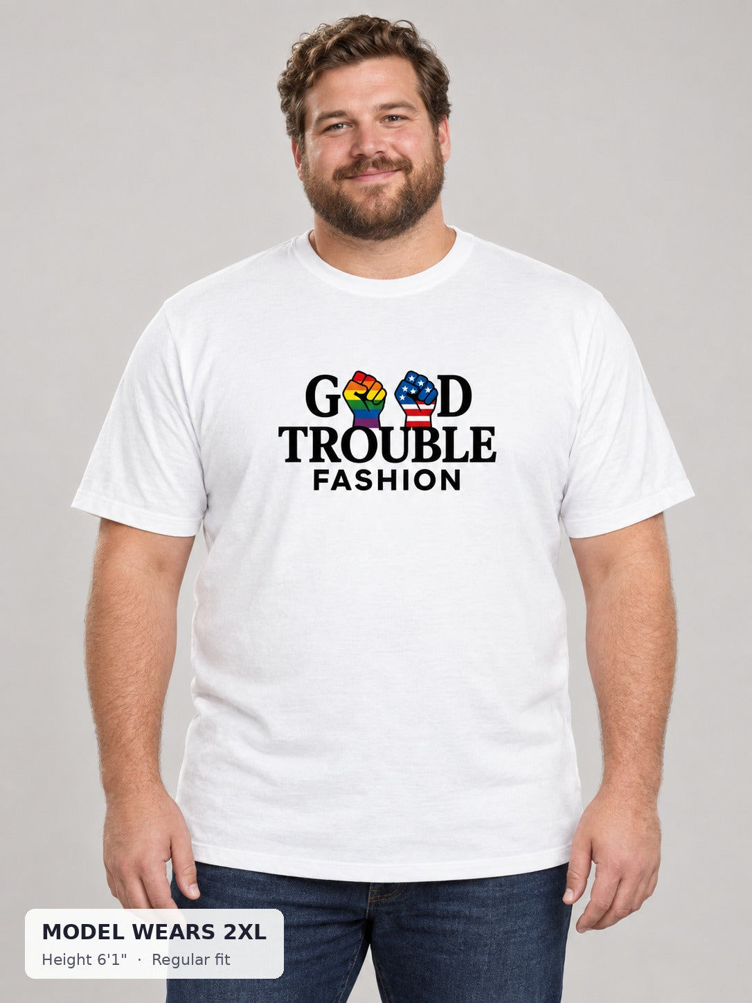 Good Fight Signature Tee on a plus-size model wearing size 2XL, 6'1" - Good Trouble Fashion
