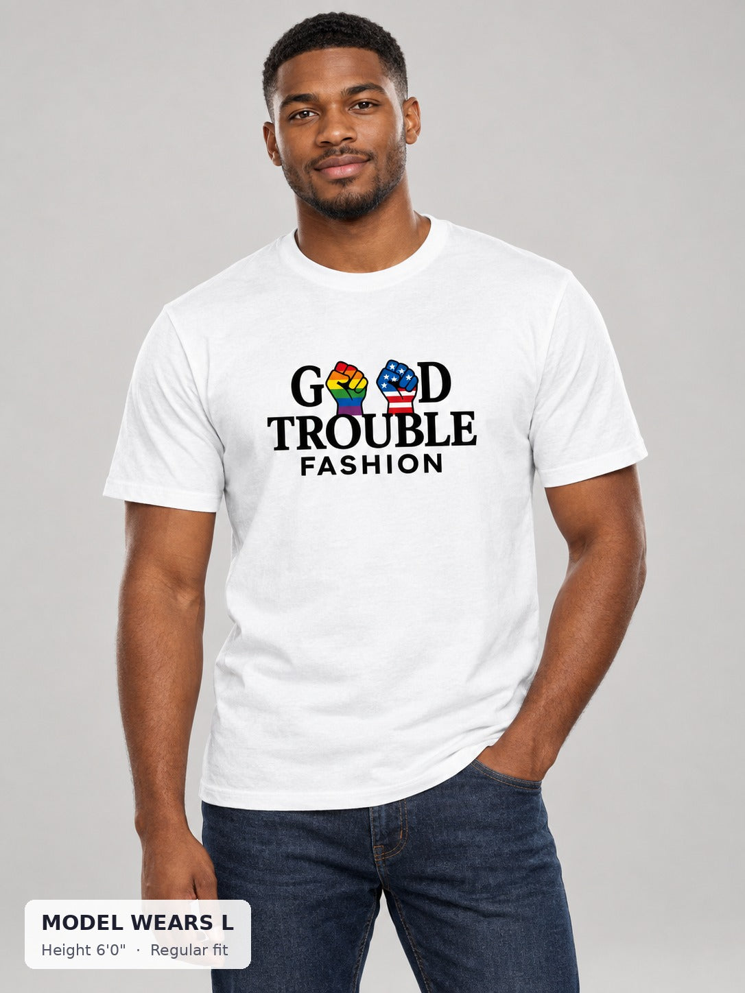 Good Fight Signature Tee on an athletic model wearing size L, 6'0" - Good Trouble Fashion