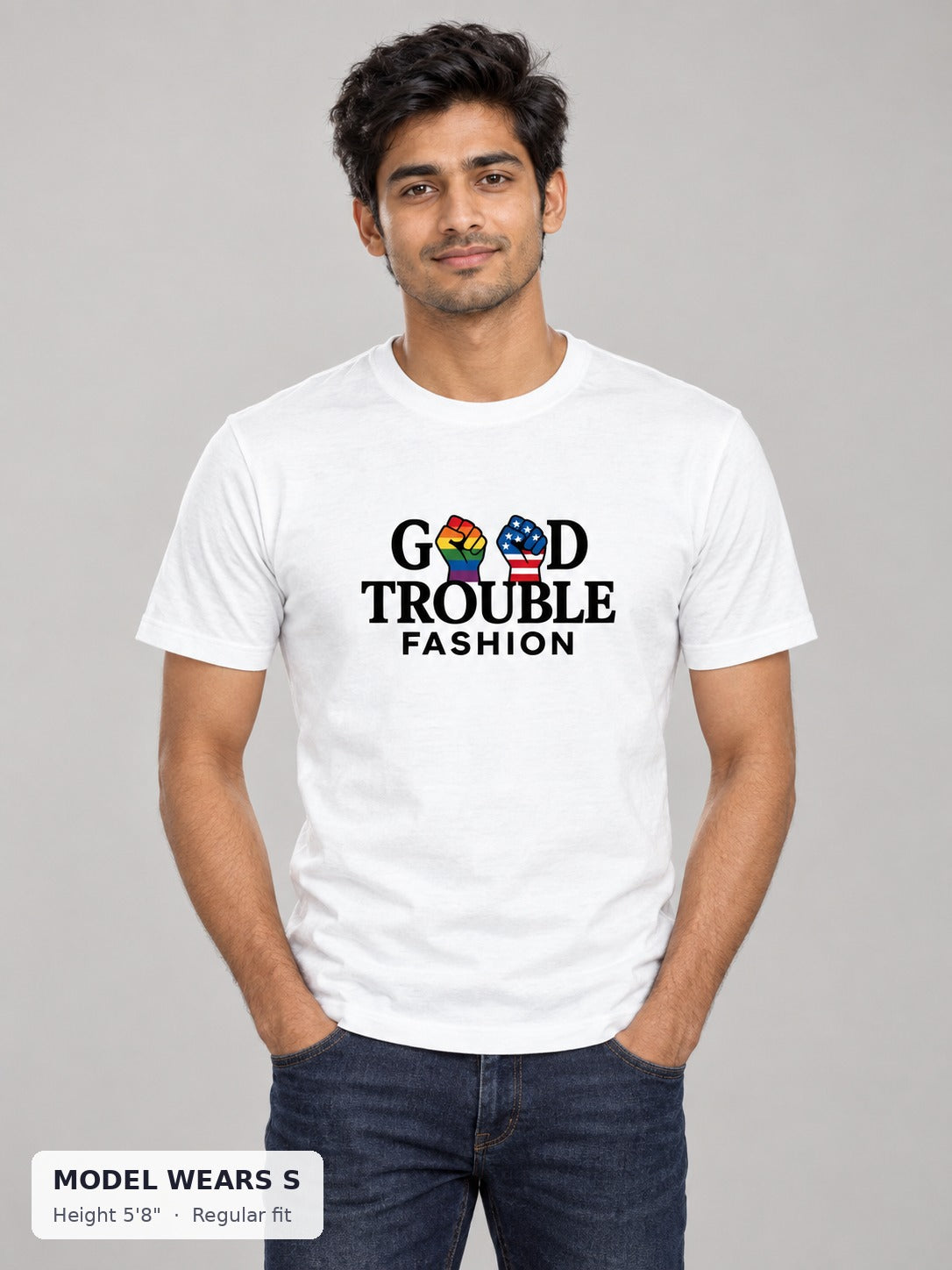 Good Fight Signature Tee on a slim model wearing size S, 5'8" - Good Trouble Fashion