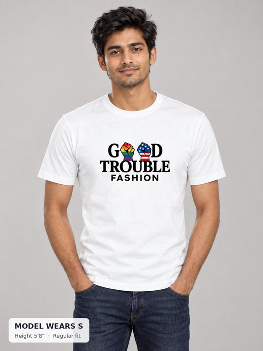 Good Fight Signature Tee on a slim model wearing size S, 5'8" - Good Trouble Fashion