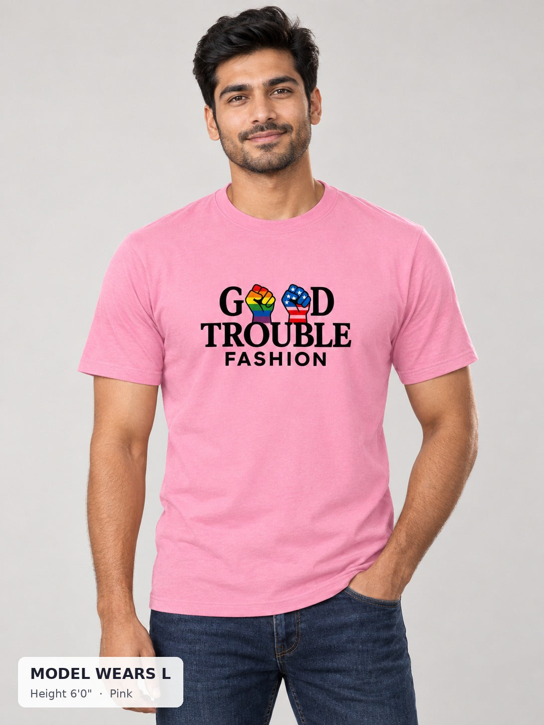 Good Fight Signature Tee in Pink on an athletic model wearing size L, 6'0" - Good Trouble Fashion