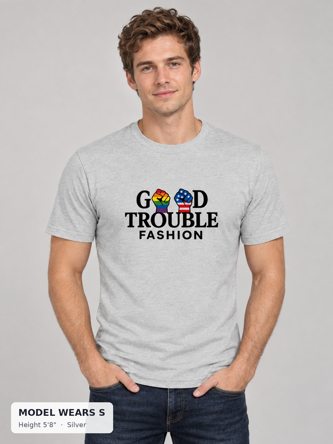 Good Fight Signature Tee in Silver on a slim model wearing size S, 5'8" - Good Trouble Fashion