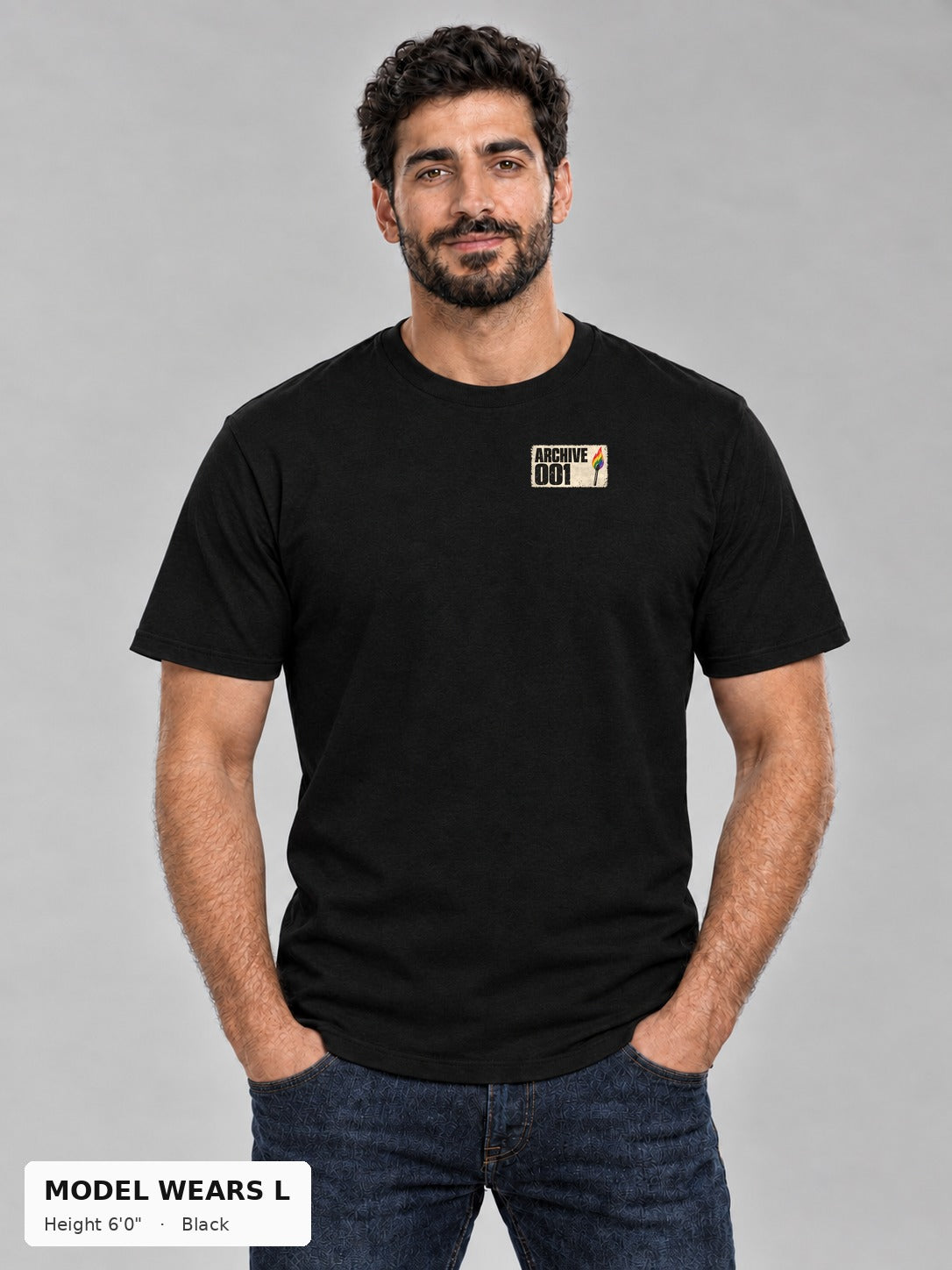 Good Trouble Archive 001 Tee in Black, front view showing the ARCHIVE 001 chest stamp, on an athletic model wearing size L, 6'0" - Good Trouble Fashion