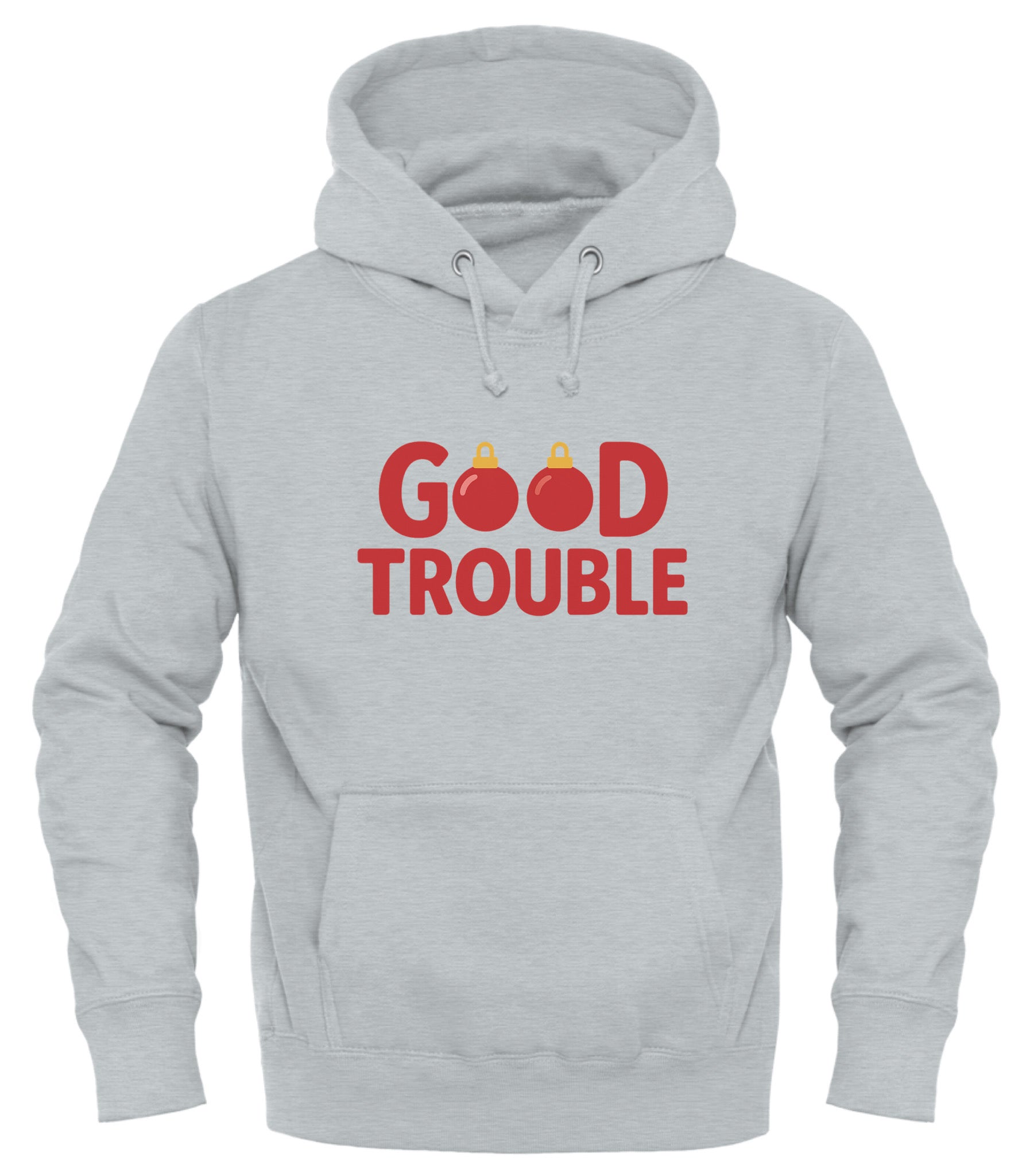 Light gray Good Trouble bulbs hoodie featuring festive bulb graphics and a comfortable design