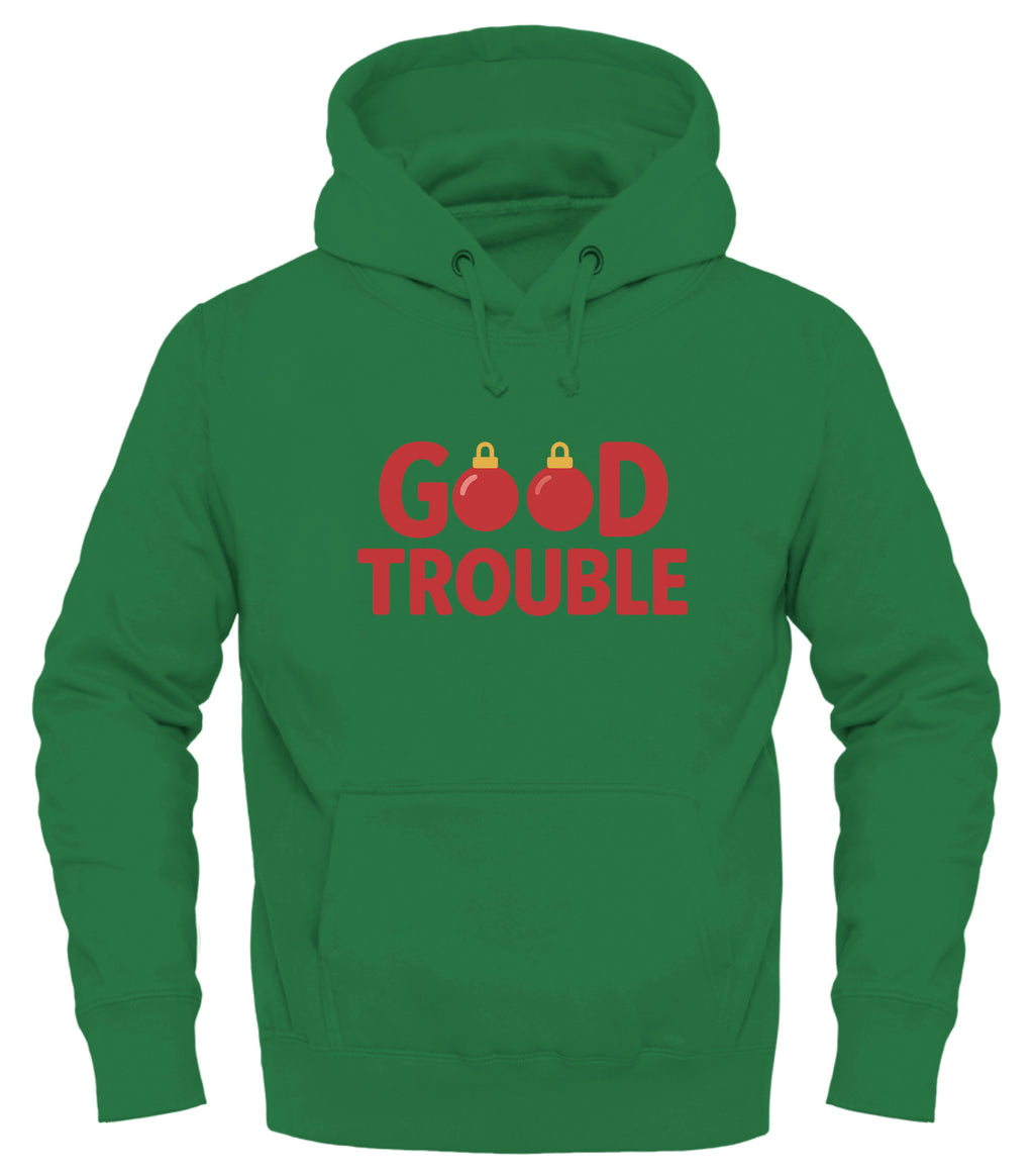 Green Good Trouble bulbs hoodie featuring a bold red print for stylish and festive wear
