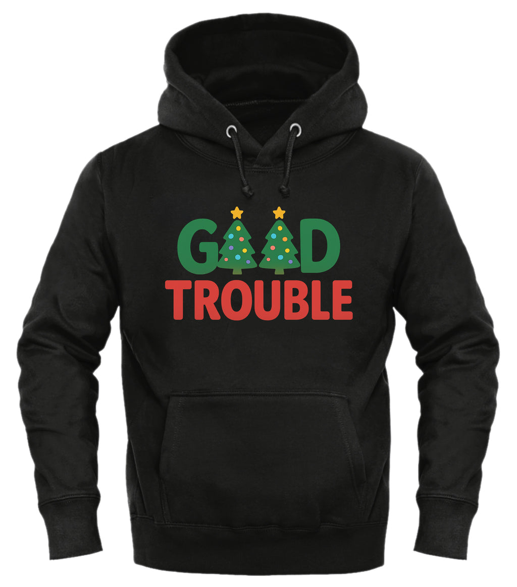 Good Trouble Christmas sweatshirt featuring festive trees and colorful text on a black hoodie