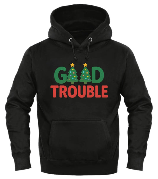 Good Trouble Christmas sweatshirt featuring festive trees and colorful text on a black hoodie