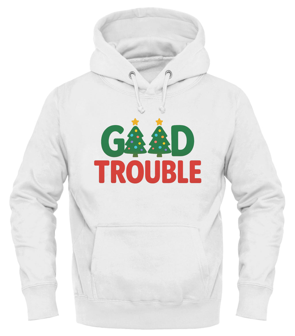 White Good Trouble Christmas sweatshirt with vibrant tree design for festive occasions