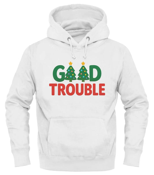 White Good Trouble Christmas sweatshirt with vibrant tree design for festive occasions