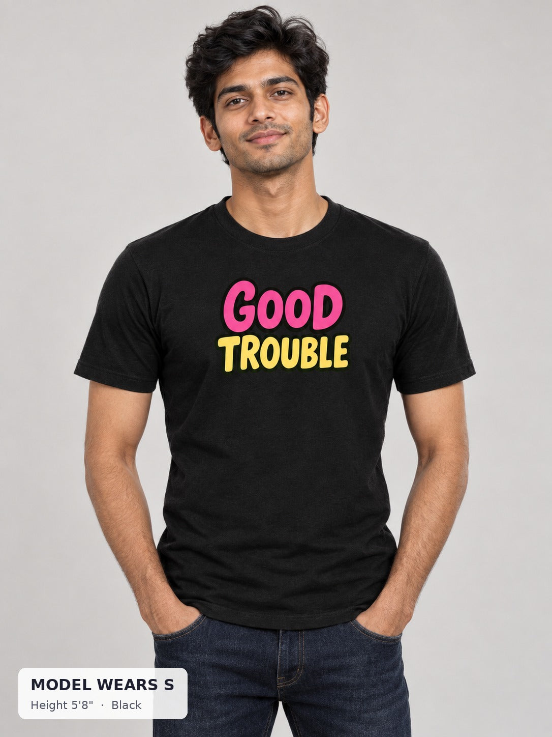 Good Trouble Bold Print Tee in Black on a slim model wearing size S, 5'8" - Good Trouble Fashion